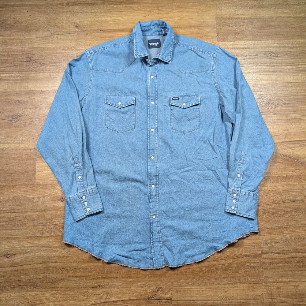 VTG Wrangler Western Pearl Snap Shirt Men's 2XL Tall 2XT Chambray Denim Chore